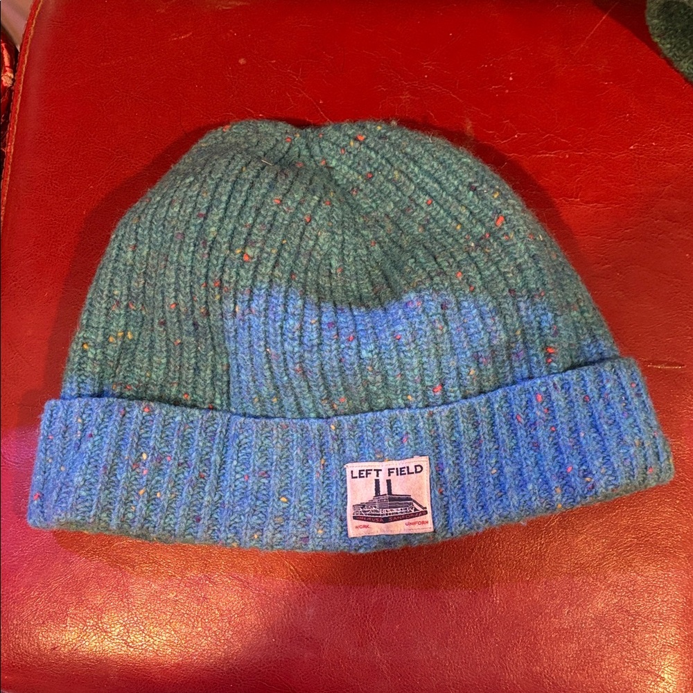 Left Field turquoise Knit Beanie, Irish donegal wool, made in USA.